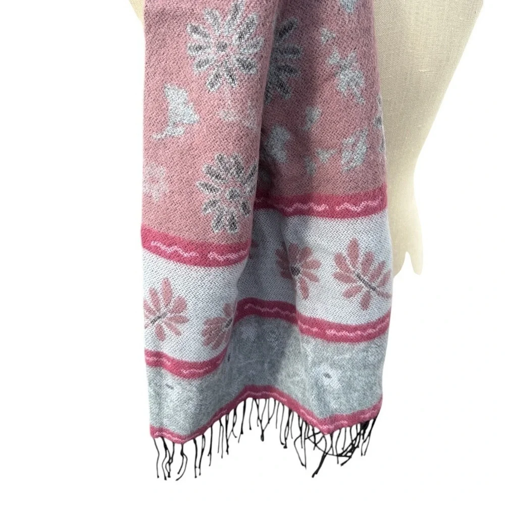 Gray Pink Floral Scarf Shawl Wrap‎ Fringe